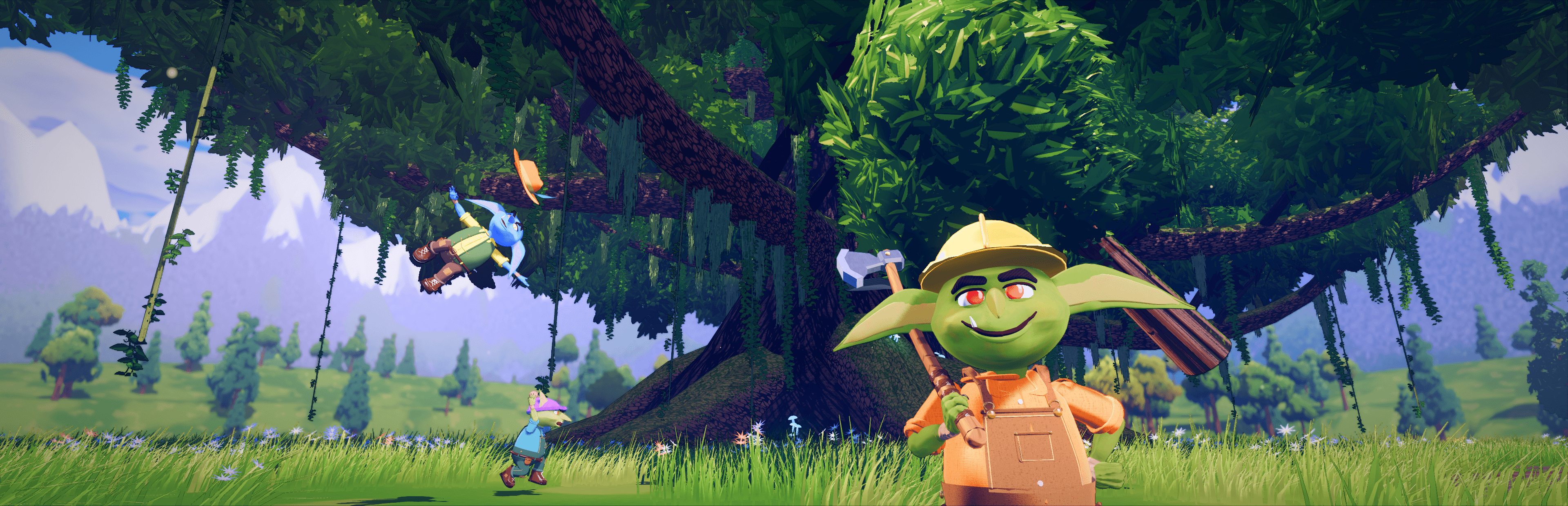 A goblin in a yellow hard hat rests an axe on his shoulder in a meadow under a colossal tree, while a crewmate tumbles out of the branches and another runs for it.